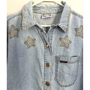 Vintage Monique Fashion Denim Shirt Women 1X Blue Gold Star Stud Embellished 90s